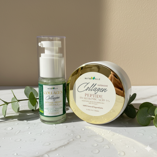 Collagen skincare products with a neutral background