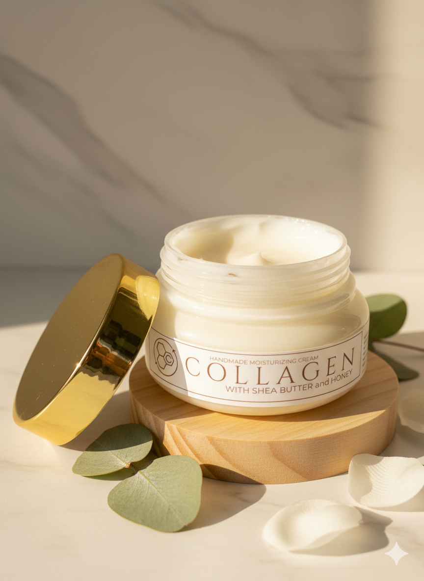 Jar of collagen cream with a gold lid on a wooden stand, surrounded by green leaves.