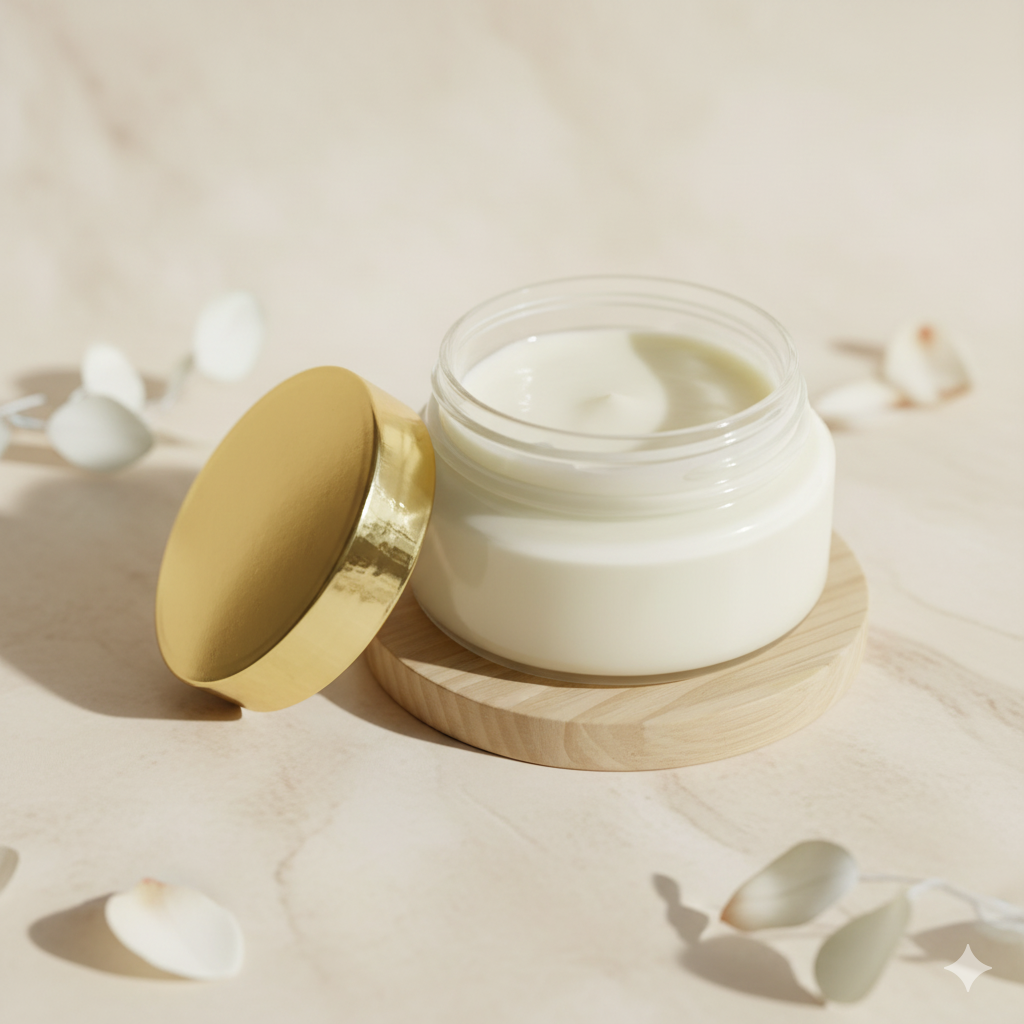 Open jar of cream with a gold lid on a beige background