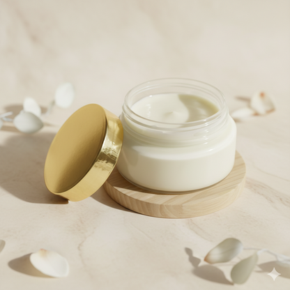 Open jar of cream with a gold lid on a beige background