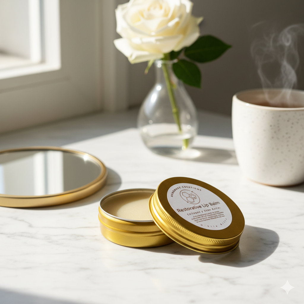 Gold tins with a label on a marble surface with a white rose and steaming cup in the background.