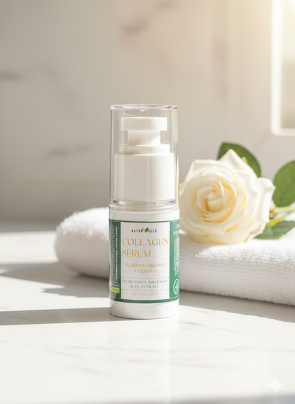 Collagen serum bottle with a white rose on a light background