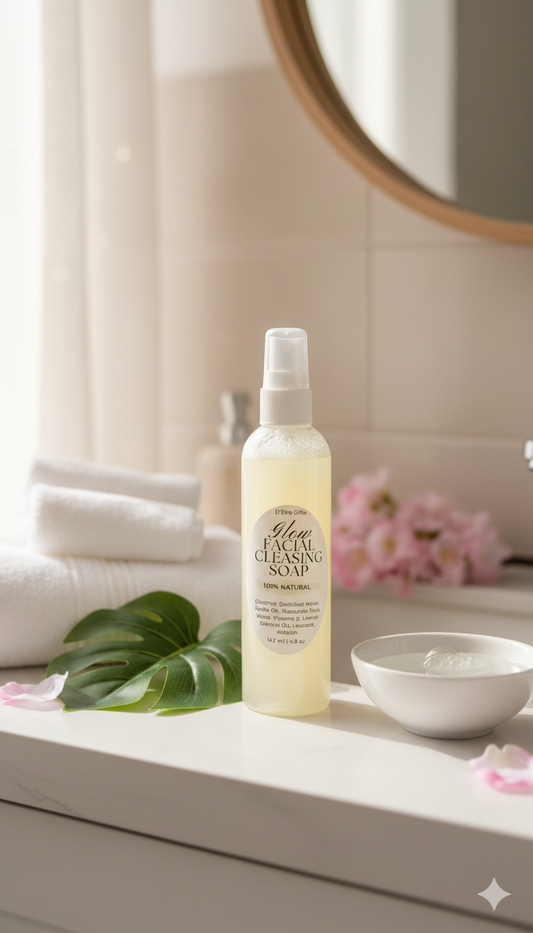 Bottle of Gentle Cleansing Soap on a bathroom counter with a mirror and flowers in the background
