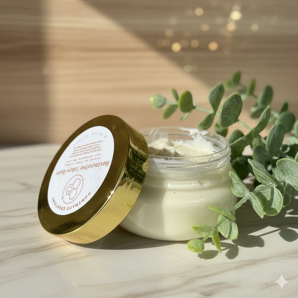 Jar of cream with a gold lid on a wooden surface with a plant