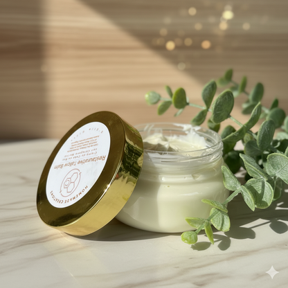 Jar of cream with a gold lid on a wooden surface with a plant